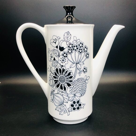 60s Grindley MANITOU Mod Black White Coffee Chocolate Pot Flower Power Ironstone - Picture 2 of 11